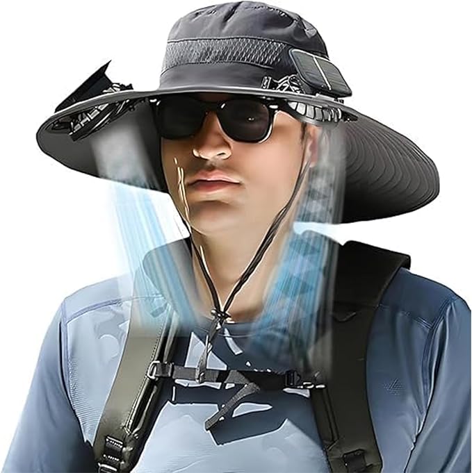 BREEZIO Solar Fan Hat, Wide Brim Solar Fan Hat, Outdoor Wide Brim Sun with 2 Solar Fishing Hat - Removable & USB Charging Fan