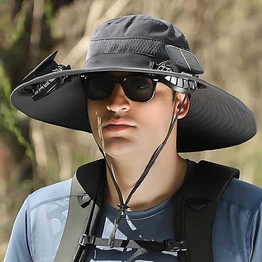 BREEZIO Solar Fan Hat, Wide Brim Solar Fan Hat, Outdoor Wide Brim Sun with 2 Solar Fishing Hat - Removable & USB Charging Fan