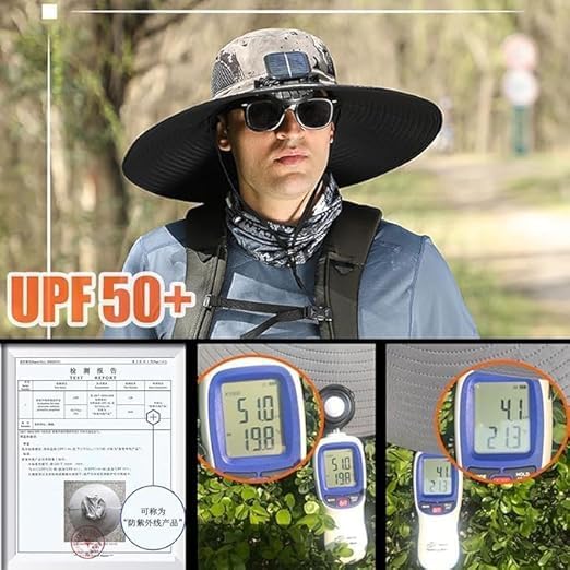 BREEZIO Solar Fan Hat, Wide Brim Solar Fan Hat, Outdoor Wide Brim Sun with 2 Solar Fishing Hat - Removable & USB Charging Fan