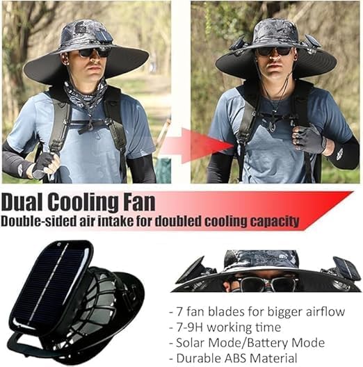 BREEZIO Solar Fan Hat, Wide Brim Solar Fan Hat, Outdoor Wide Brim Sun with 2 Solar Fishing Hat - Removable & USB Charging Fan
