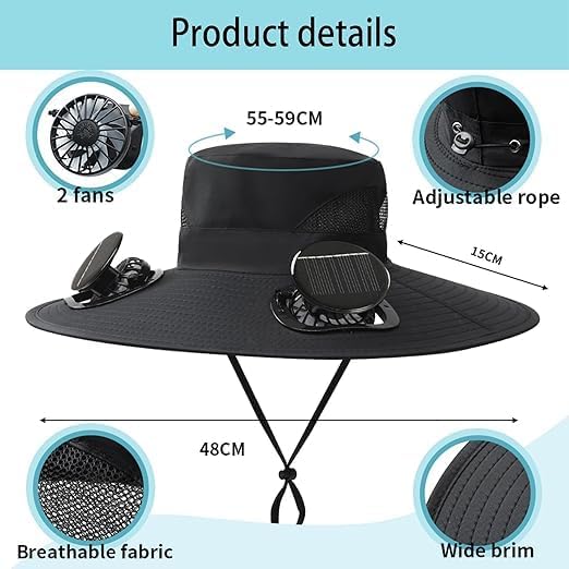 BREEZIO Solar Fan Hat, Wide Brim Solar Fan Hat, Outdoor Wide Brim Sun with 2 Solar Fishing Hat - Removable & USB Charging Fan